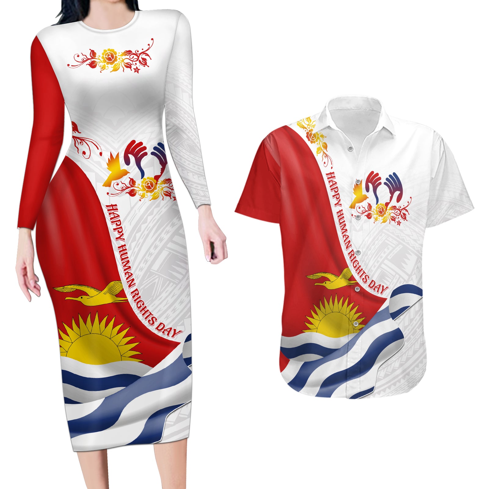 Personalised Kiribati Human Rights Day Couples Matching Long Sleeve Bodycon Dress and Hawaiian Shirt Polynesian Style LT05 White - Polynesian Pride