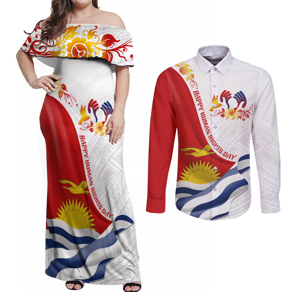 Personalised Kiribati Human Rights Day Couples Matching Off Shoulder Maxi Dress and Long Sleeve Button Shirt Polynesian Style LT05 White - Polynesian Pride