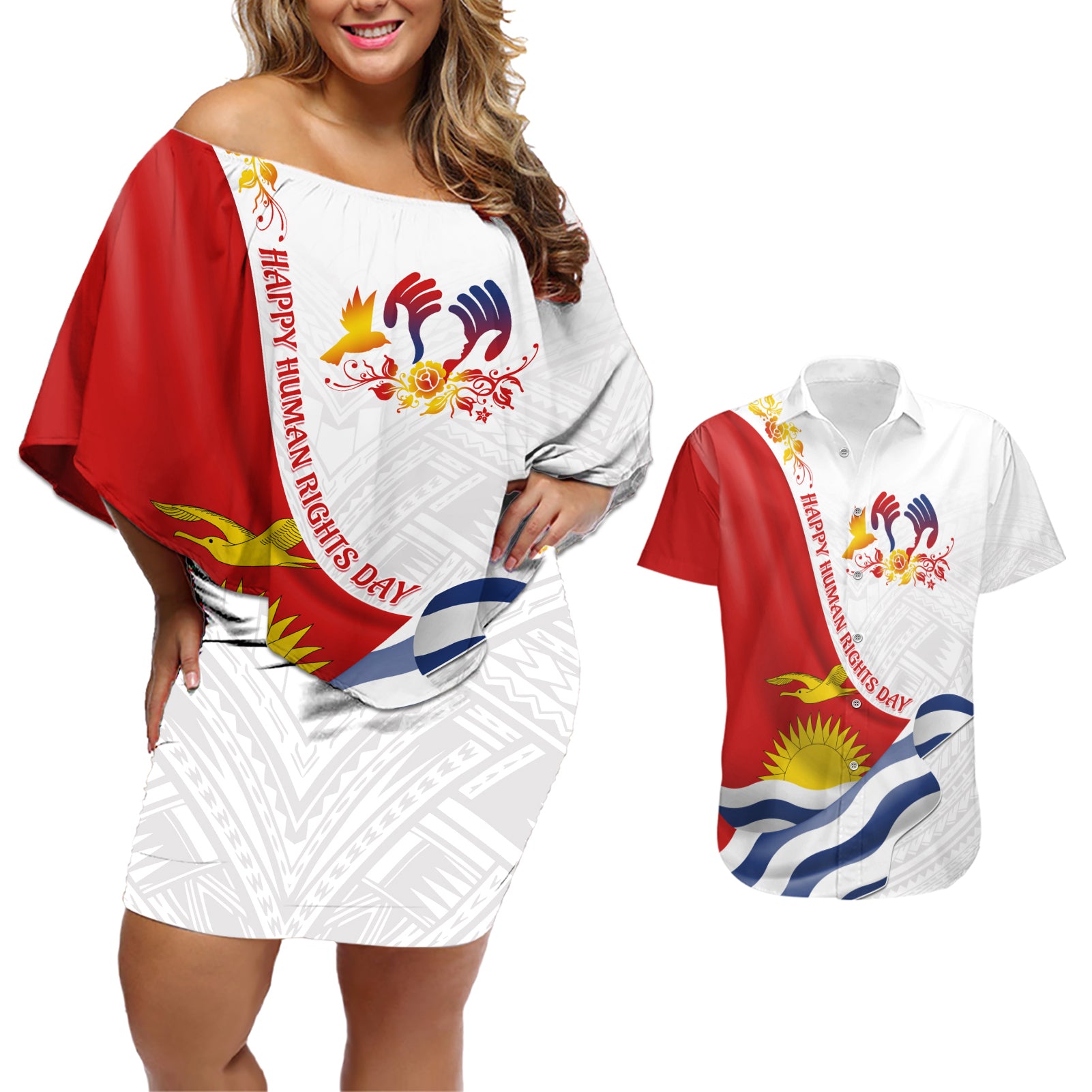 Personalised Kiribati Human Rights Day Couples Matching Off Shoulder Short Dress and Hawaiian Shirt Polynesian Style LT05 White - Polynesian Pride