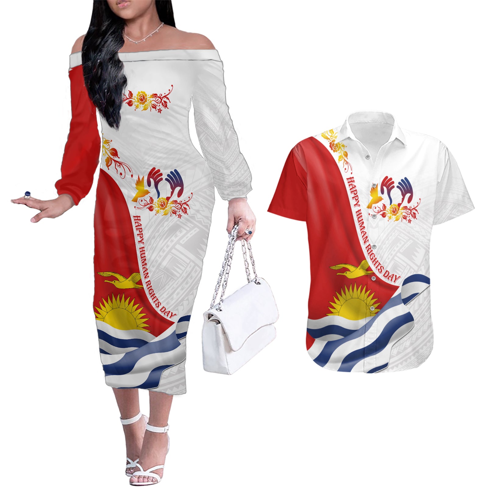 Personalised Kiribati Human Rights Day Couples Matching Off The Shoulder Long Sleeve Dress and Hawaiian Shirt Polynesian Style LT05 White - Polynesian Pride