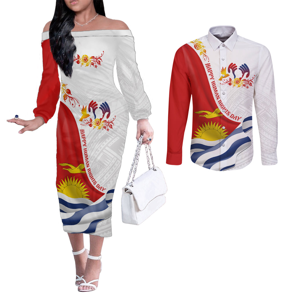 Personalised Kiribati Human Rights Day Couples Matching Off The Shoulder Long Sleeve Dress and Long Sleeve Button Shirt Polynesian Style LT05 White - Polynesian Pride