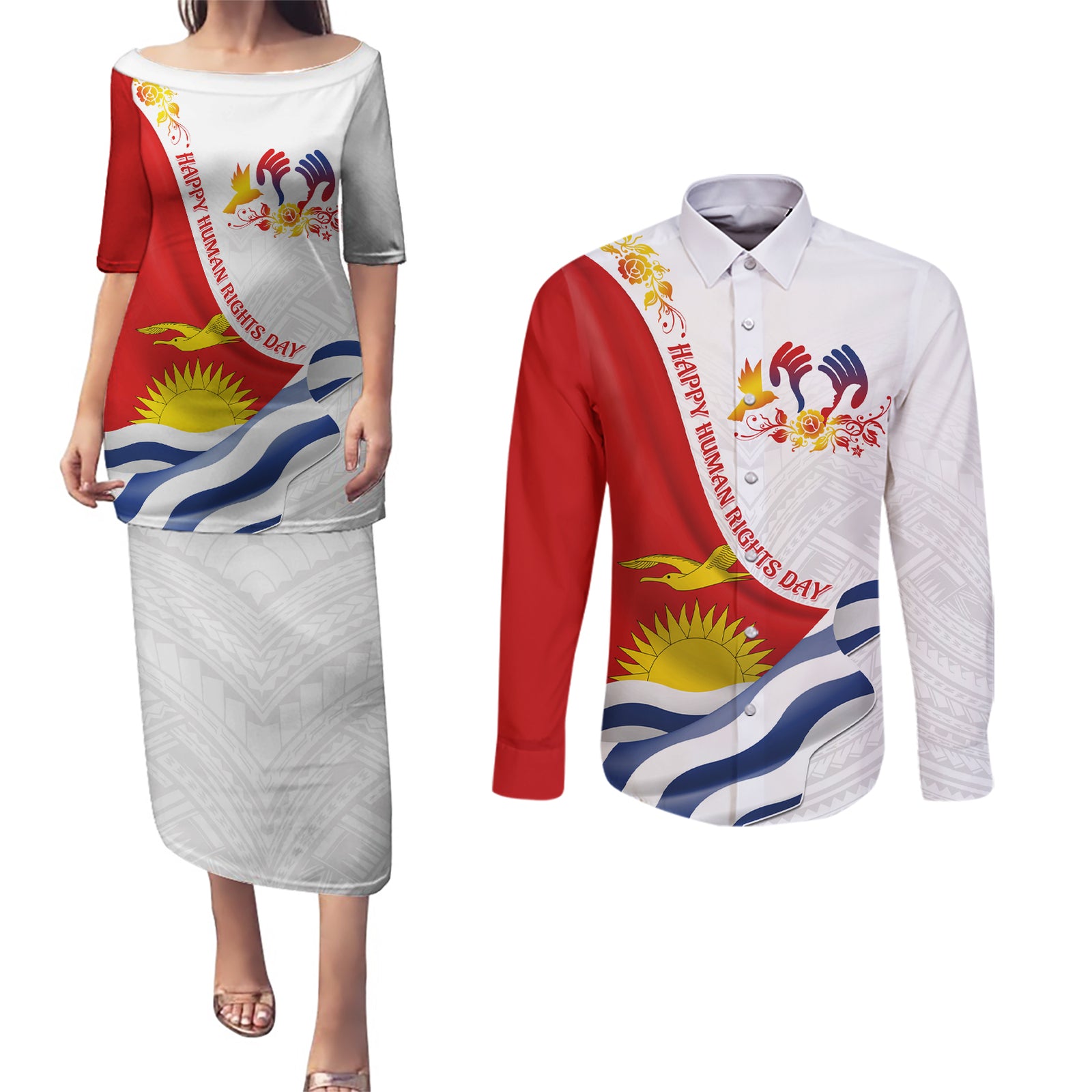 Personalised Kiribati Human Rights Day Couples Matching Puletasi Dress and Long Sleeve Button Shirt Polynesian Style LT05 White - Polynesian Pride