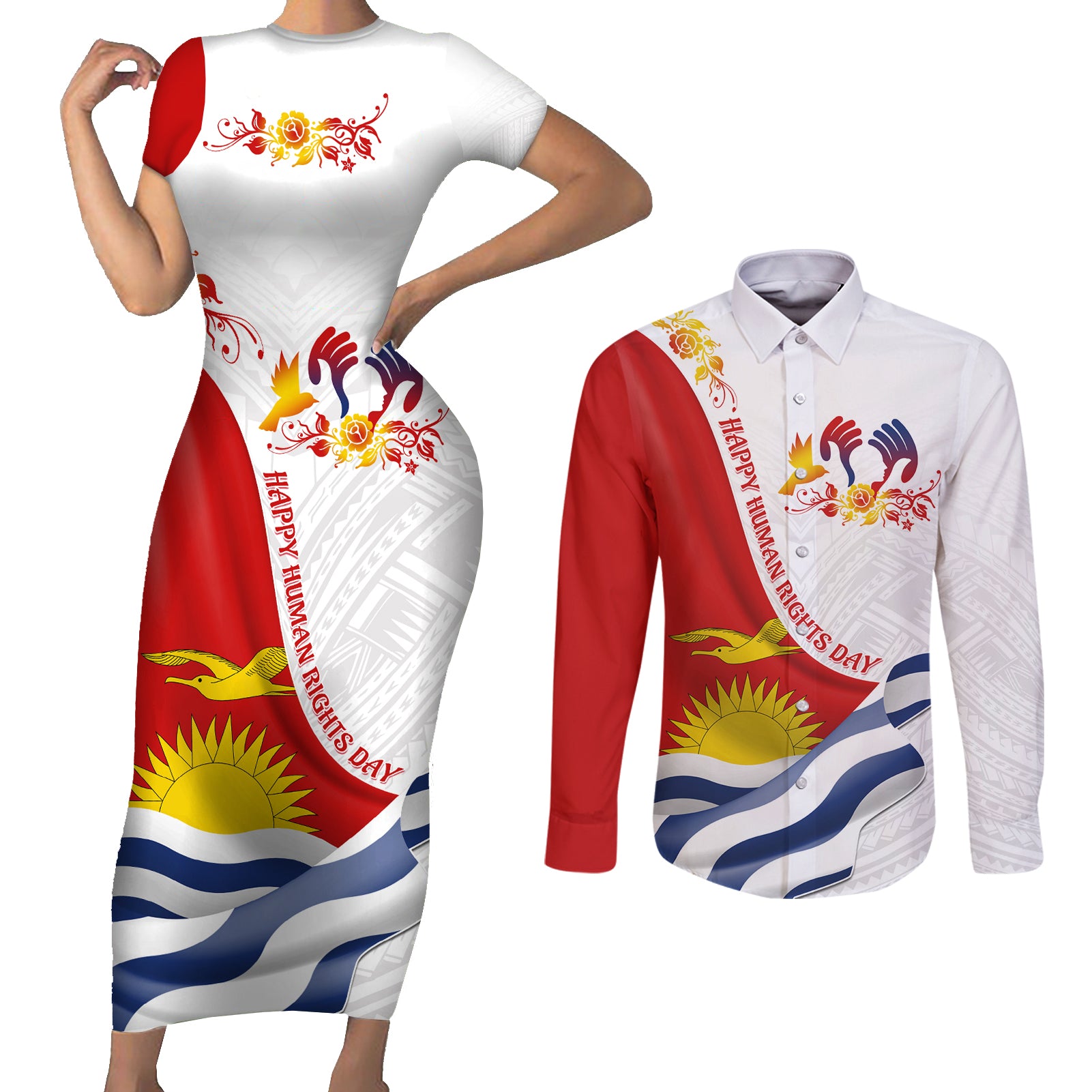 Personalised Kiribati Human Rights Day Couples Matching Short Sleeve Bodycon Dress and Long Sleeve Button Shirt Polynesian Style LT05 White - Polynesian Pride