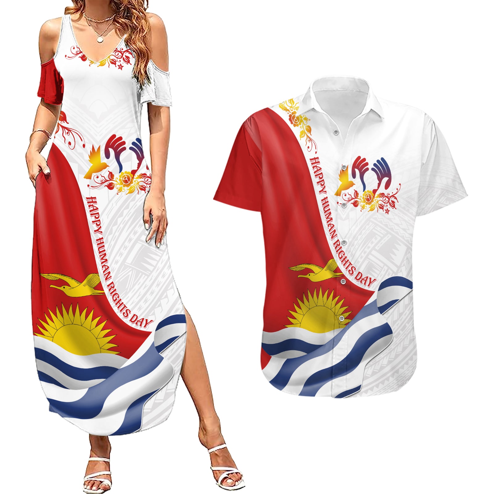 Personalised Kiribati Human Rights Day Couples Matching Summer Maxi Dress and Hawaiian Shirt Polynesian Style LT05 White - Polynesian Pride