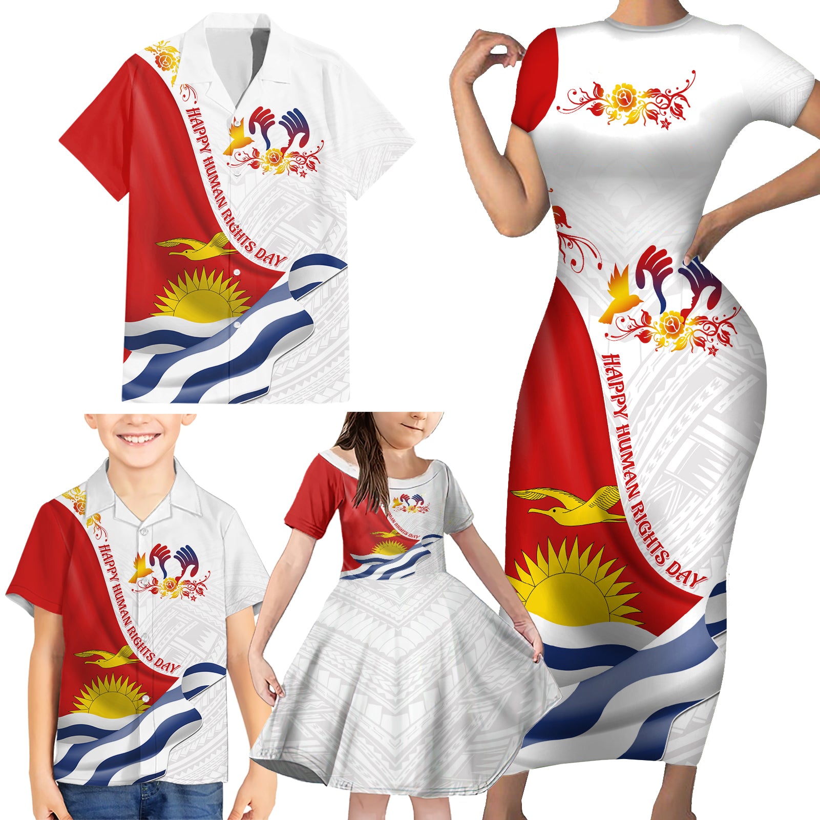 Personalised Kiribati Human Rights Day Family Matching Short Sleeve Bodycon Dress and Hawaiian Shirt Polynesian Style LT05 - Polynesian Pride