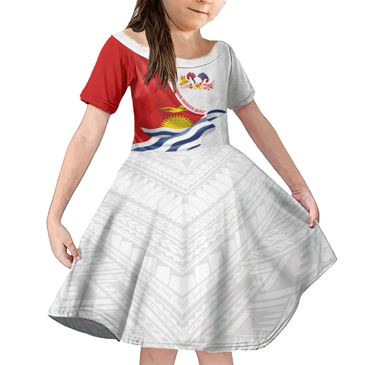 Personalised Kiribati Human Rights Day Kid Short Sleeve Dress Polynesian Style LT05 KID White - Polynesian Pride