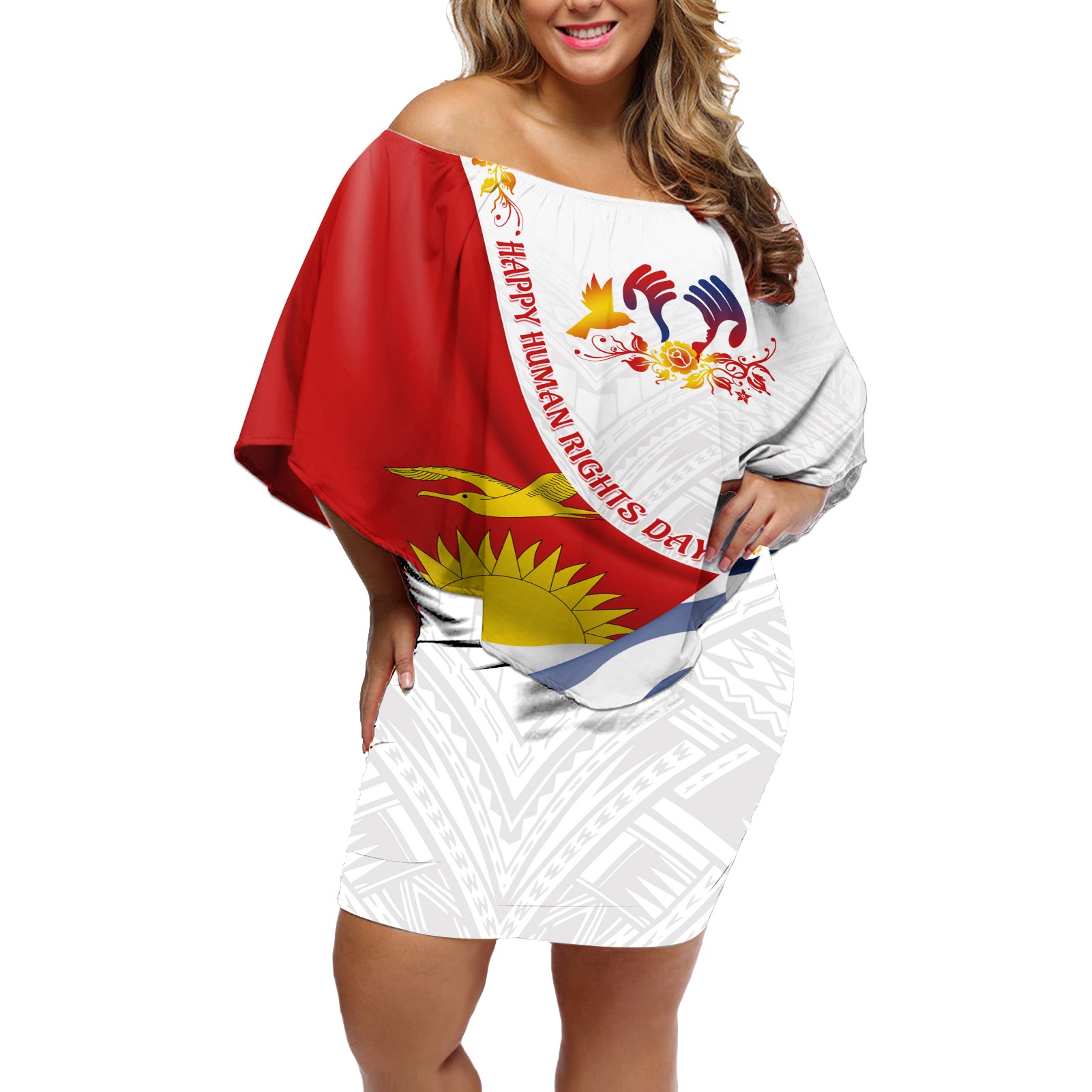 Personalised Kiribati Human Rights Day Off Shoulder Short Dress Polynesian Style LT05 Women White - Polynesian Pride