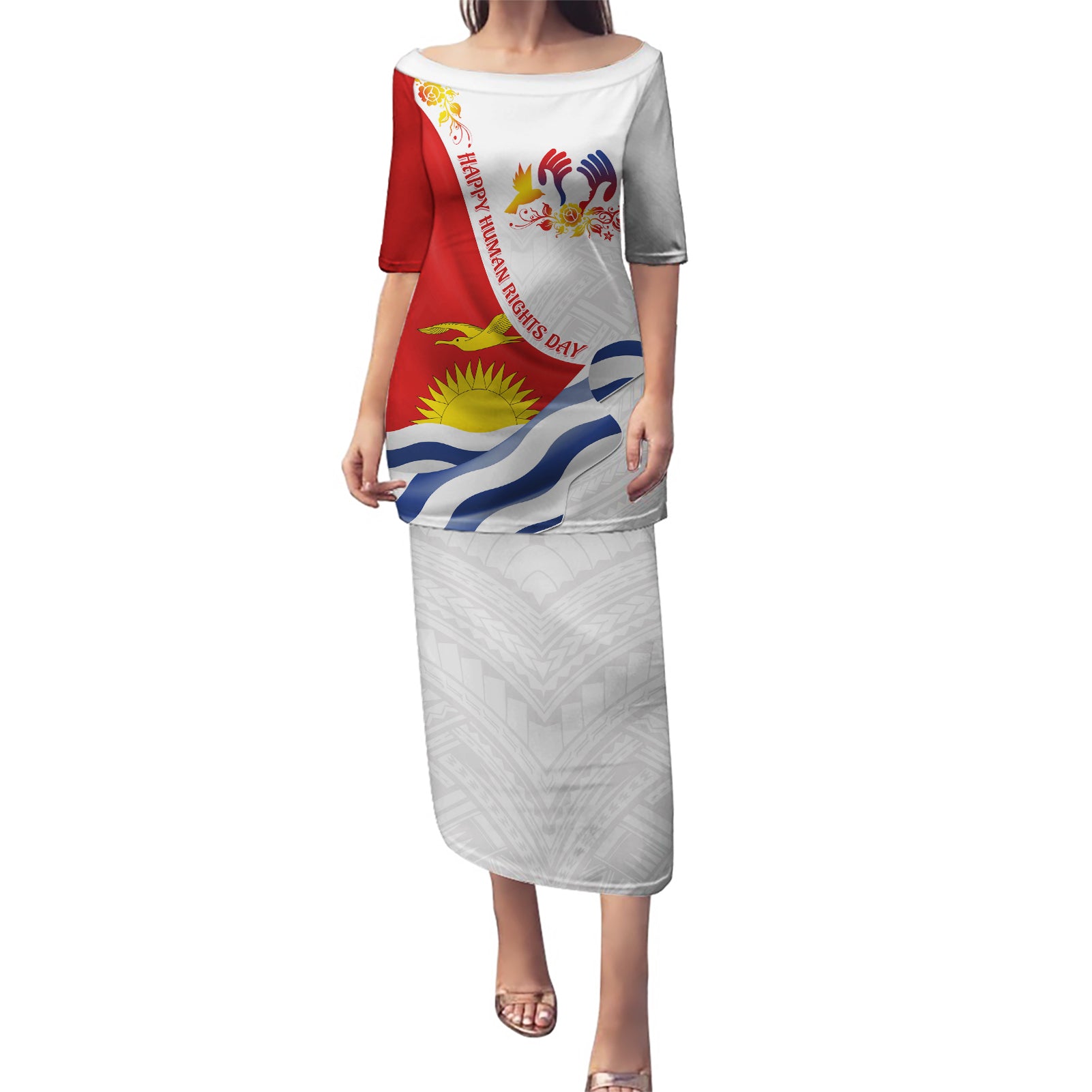 Personalised Kiribati Human Rights Day Puletasi Polynesian Style LT05 Long Dress White - Polynesian Pride