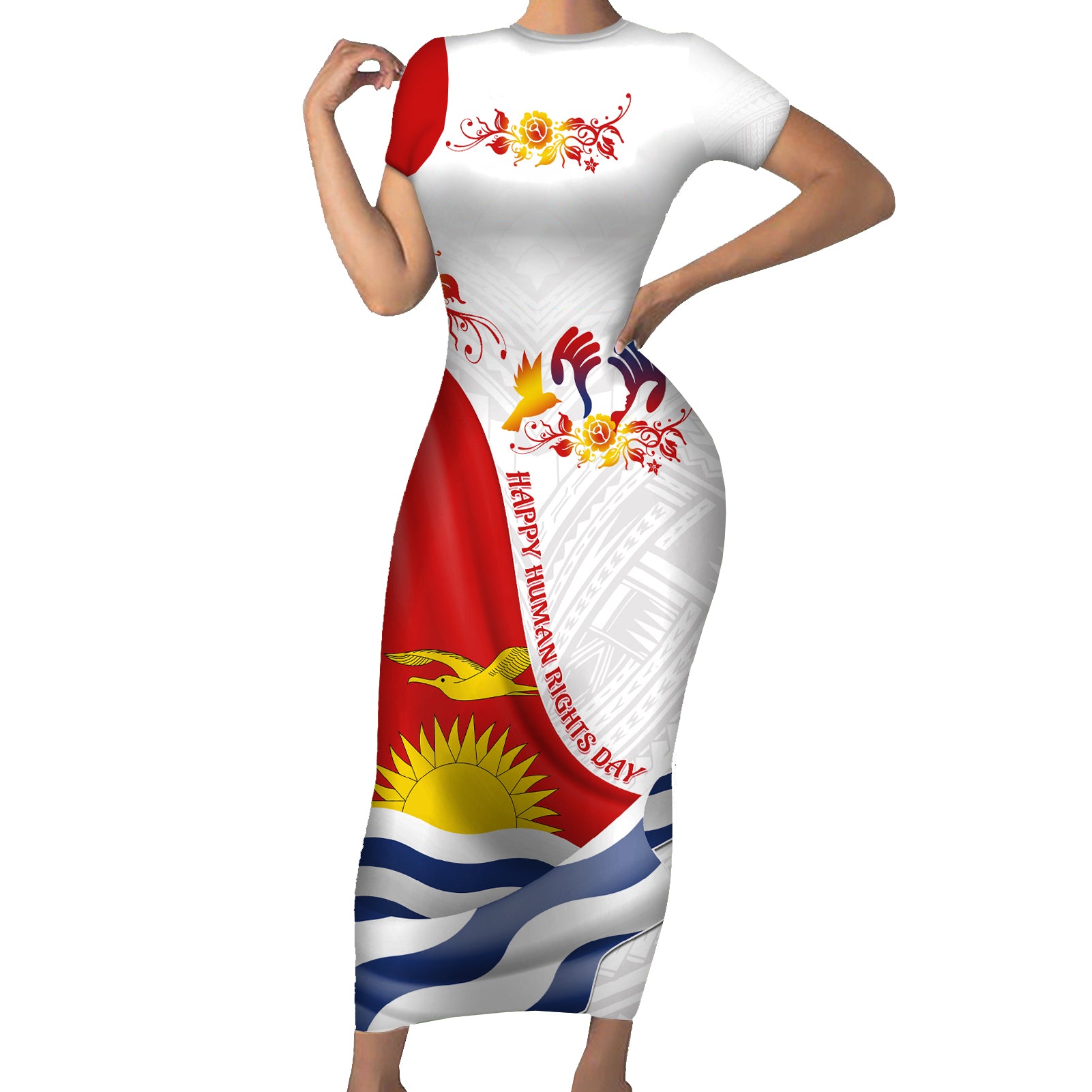 Personalised Kiribati Human Rights Day Short Sleeve Bodycon Dress Polynesian Style LT05 Long Dress White - Polynesian Pride