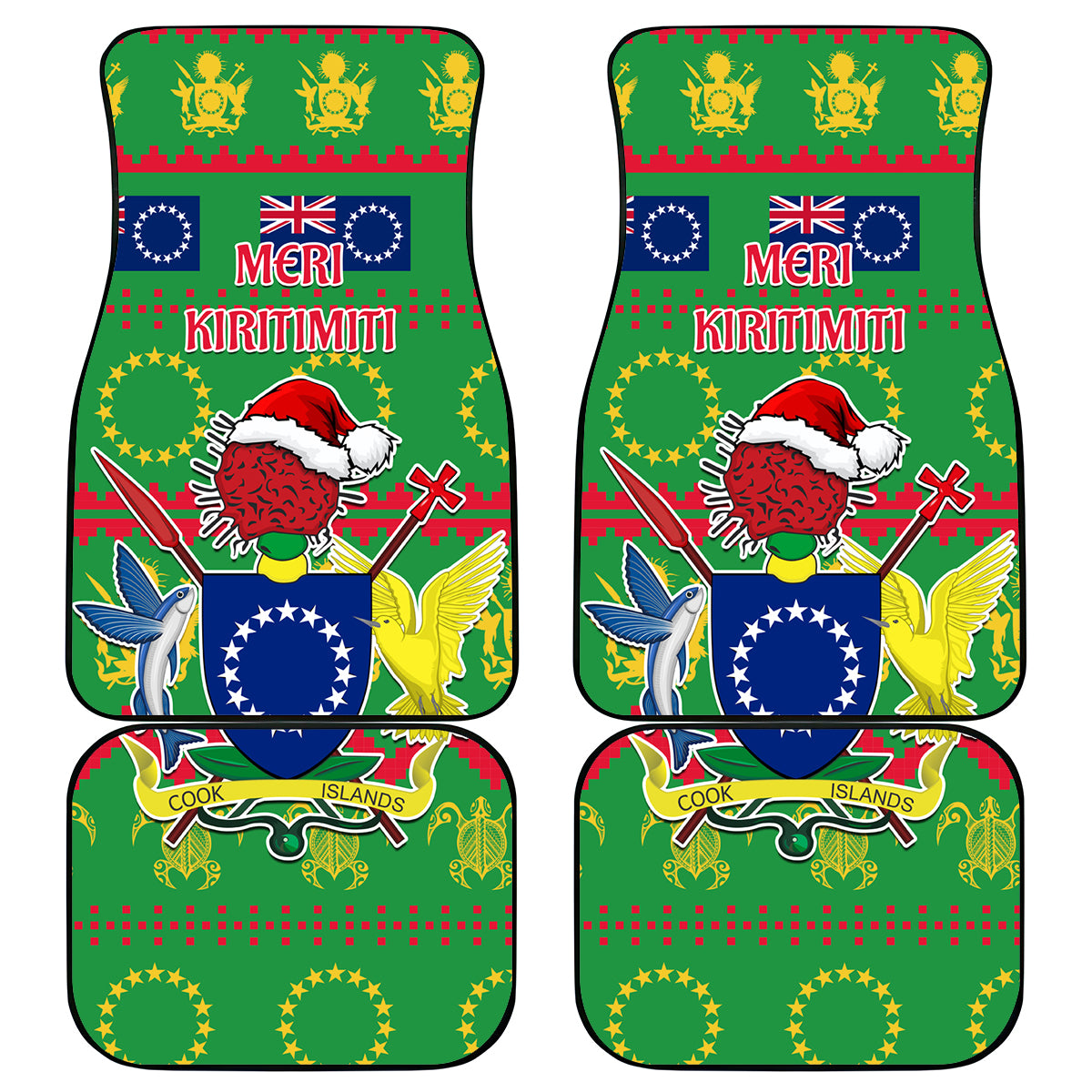 Cook Islands Christmas Car Mats Santa Coat Of Arms Meri Kiritimiti LT05 Green - Polynesian Pride