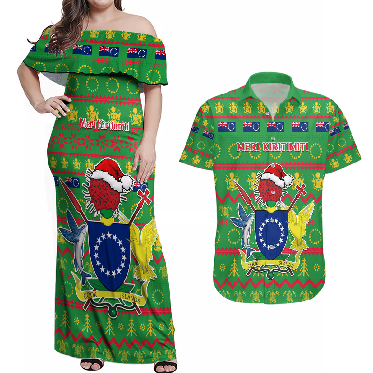 Personalised Cook Islands Christmas Couples Matching Off Shoulder Maxi Dress and Hawaiian Shirt Santa Coat Of Arms Meri Kiritimiti LT05 Green - Polynesian Pride