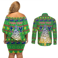 Personalised Cook Islands Christmas Couples Matching Off Shoulder Short Dress and Long Sleeve Button Shirt Santa Coat Of Arms Meri Kiritimiti LT05 - Polynesian Pride