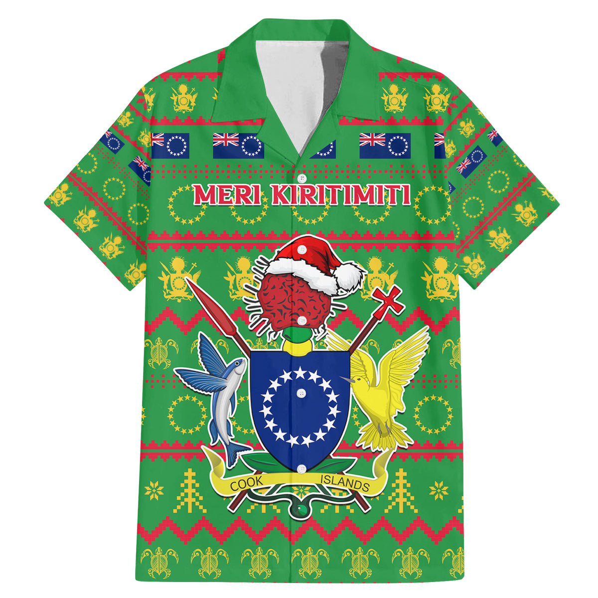 Personalised Cook Islands Christmas Family Matching Mermaid Dress and Hawaiian Shirt Santa Coat Of Arms Meri Kiritimiti LT05 Dad's Shirt - Short Sleeve Green - Polynesian Pride