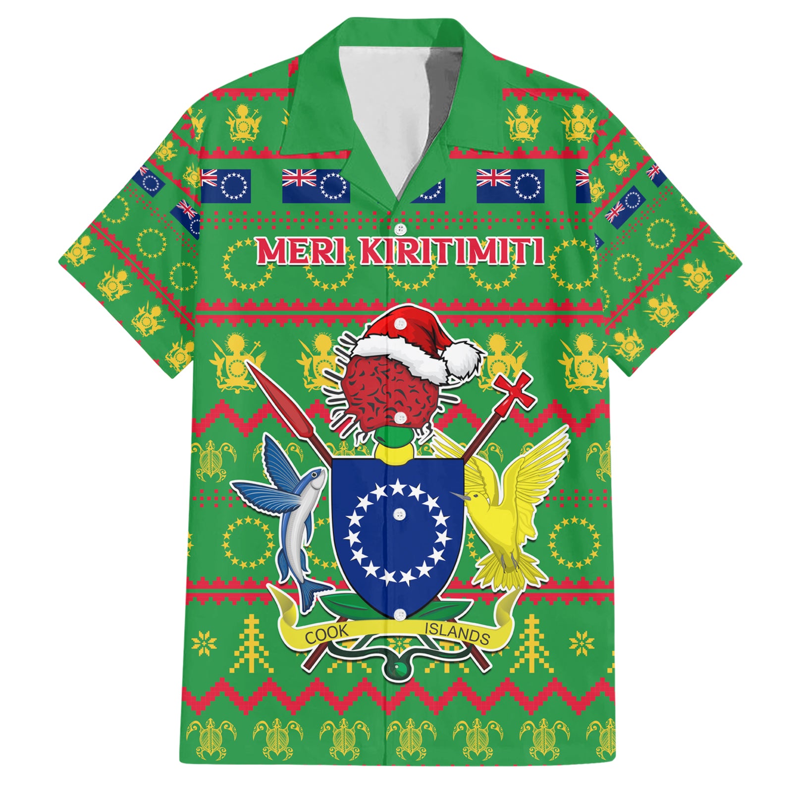 Personalised Cook Islands Christmas Hawaiian Shirt Santa Coat Of Arms Meri Kiritimiti LT05 Green - Polynesian Pride