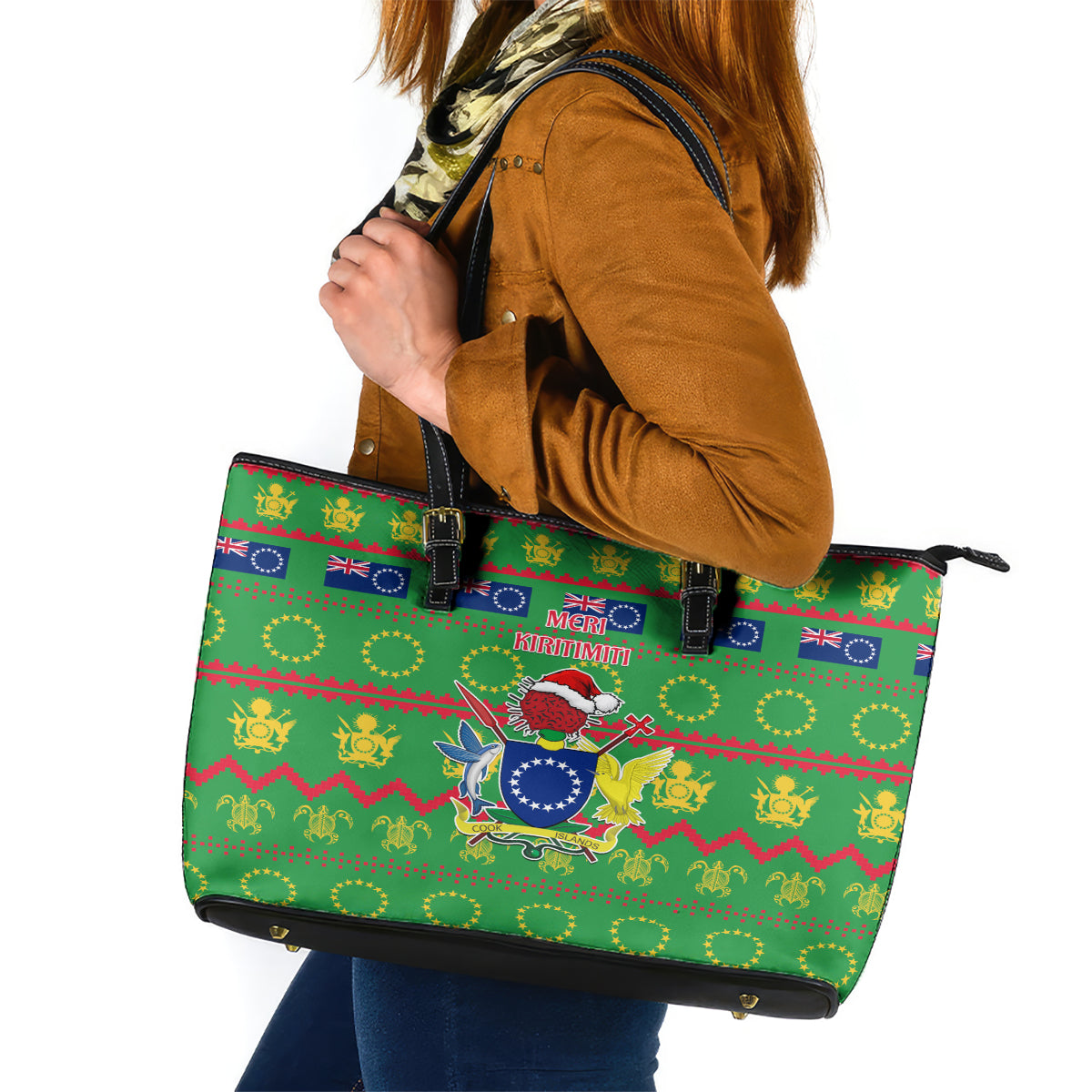 Cook Islands Christmas Leather Tote Bag Santa Coat Of Arms Meri Kiritimiti LT05 Green - Polynesian Pride