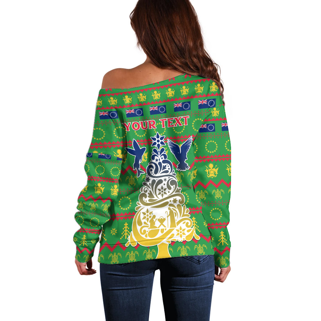 Personalised Cook Islands Christmas Off Shoulder Sweater Santa Coat Of Arms Meri Kiritimiti LT05 - Polynesian Pride