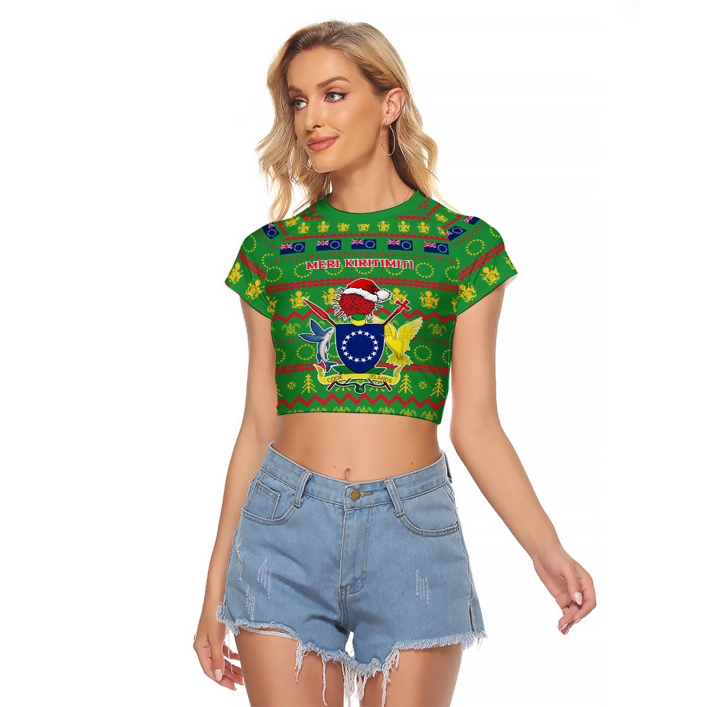 Personalised Cook Islands Christmas Raglan Cropped T Shirt Santa Coat Of Arms Meri Kiritimiti LT05 Female Green - Polynesian Pride