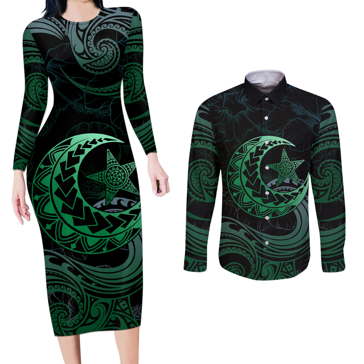 Personalised Polynesia Couples Matching Long Sleeve Bodycon Dress and Long Sleeve Button Shirt With Islam Crescent And Star LT05 Green - Polynesian Pride
