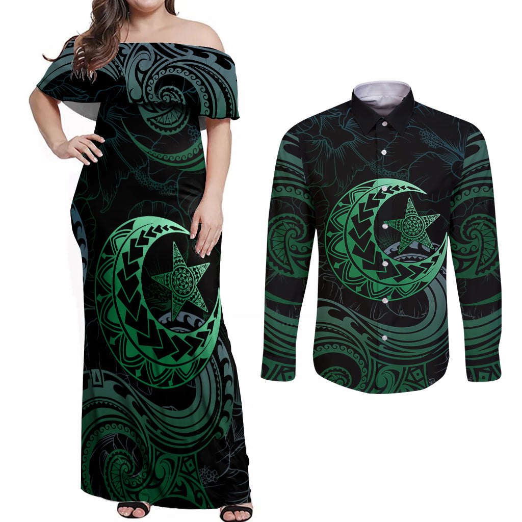 Personalised Polynesia Couples Matching Off Shoulder Maxi Dress and Long Sleeve Button Shirt With Islam Crescent And Star LT05 Green - Polynesian Pride