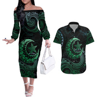 Personalised Polynesia Couples Matching Off The Shoulder Long Sleeve Dress and Hawaiian Shirt With Islam Crescent And Star LT05 Green - Polynesian Pride