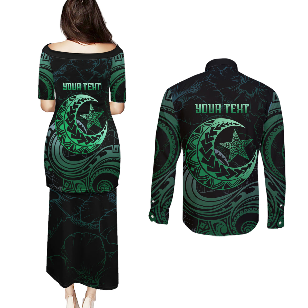 Personalised Polynesia Couples Matching Puletasi Dress and Long Sleeve Button Shirt With Islam Crescent And Star LT05 - Polynesian Pride