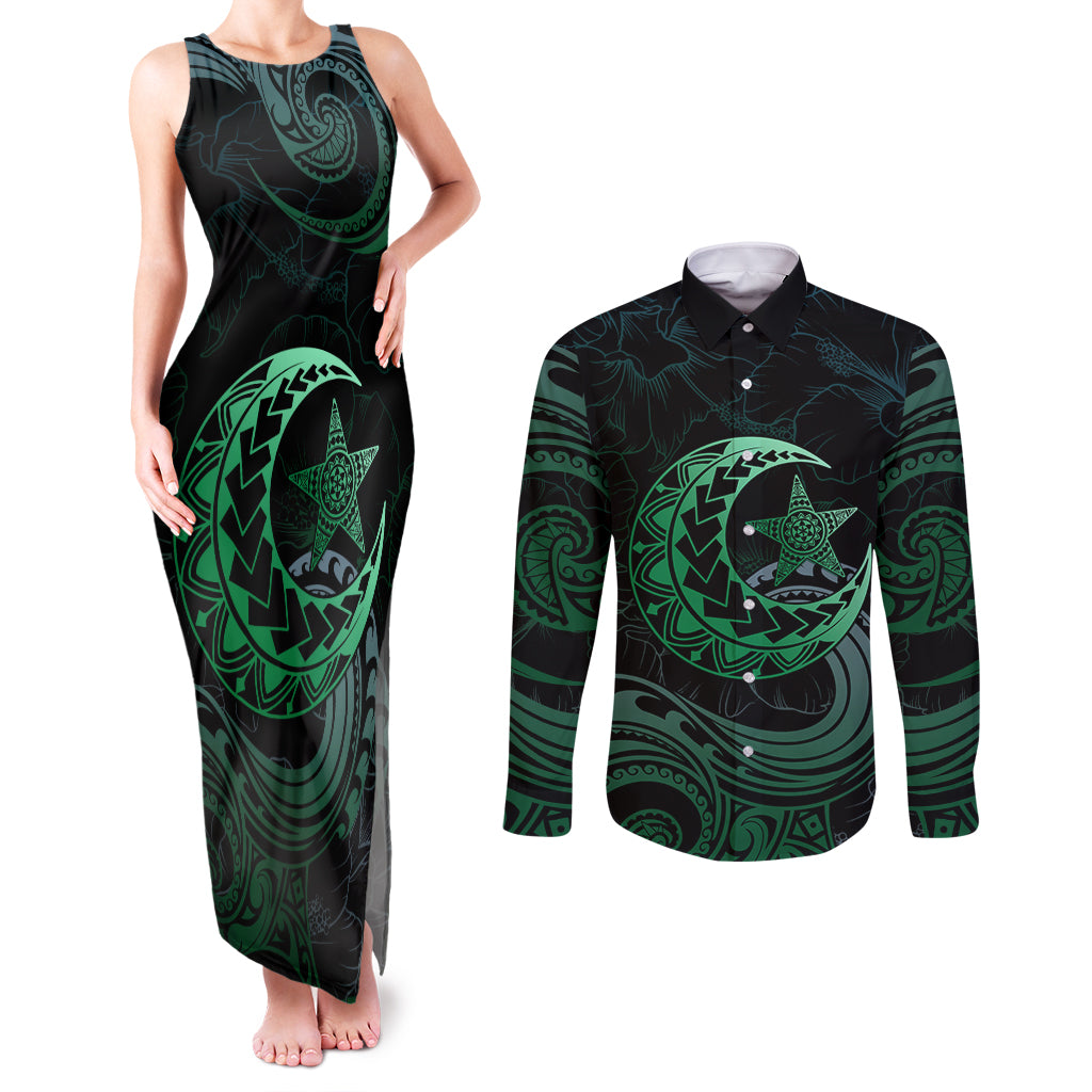 Personalised Polynesia Couples Matching Tank Maxi Dress and Long Sleeve Button Shirt With Islam Crescent And Star LT05 Green - Polynesian Pride