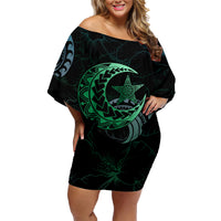 Personalised Polynesia Family Matching Off Shoulder Short Dress and Hawaiian Shirt With Islam Crescent And Star LT05 Mom's Dress Green - Polynesian Pride