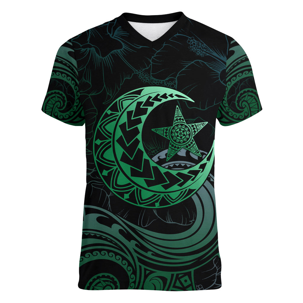 Personalised Polynesia Women V Neck T Shirt With Islam Crescent And Star LT05 Female Green - Polynesian Pride