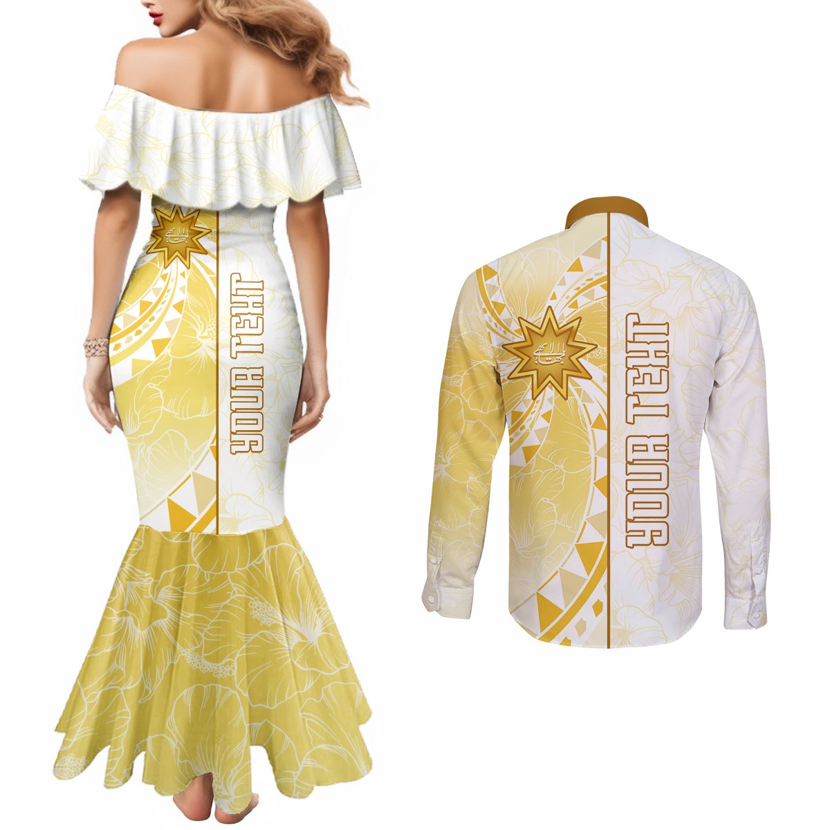 Personalised Polynesia Couples Matching Mermaid Dress and Long Sleeve Button Shirt Bahai Faith Symbol LT05 - Polynesian Pride