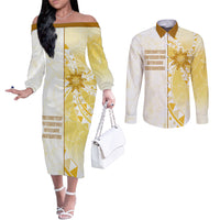 Personalised Polynesia Couples Matching Off The Shoulder Long Sleeve Dress and Long Sleeve Button Shirt Bahai Faith Symbol LT05 Yellow - Polynesian Pride