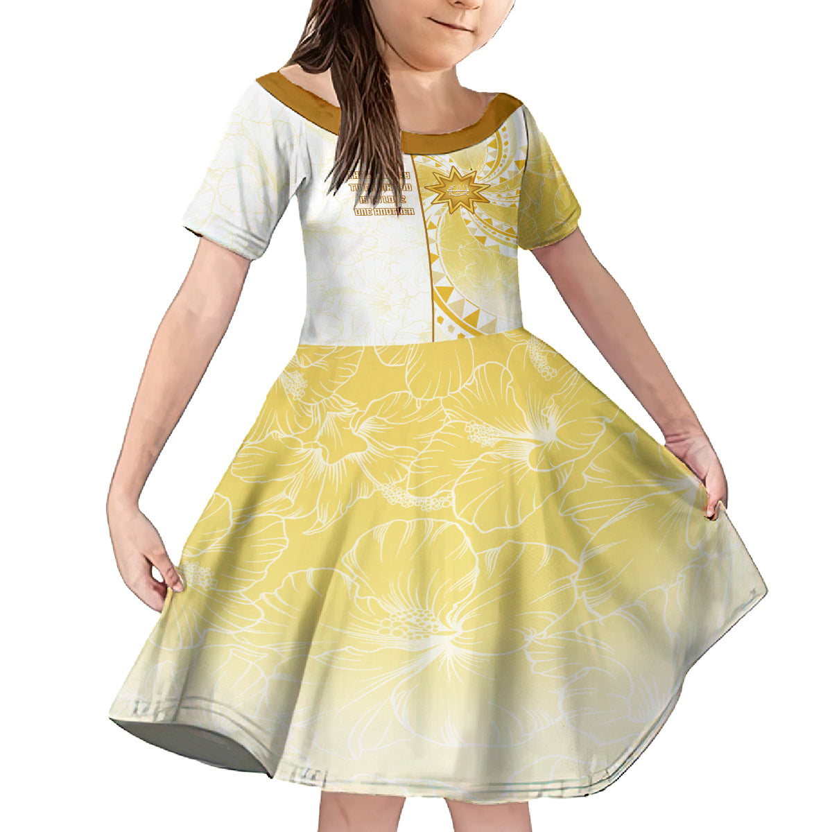 Personalised Polynesia Family Matching Off Shoulder Maxi Dress and Hawaiian Shirt Bahai Faith Symbol LT05 Daughter's Dress Yellow - Polynesian Pride