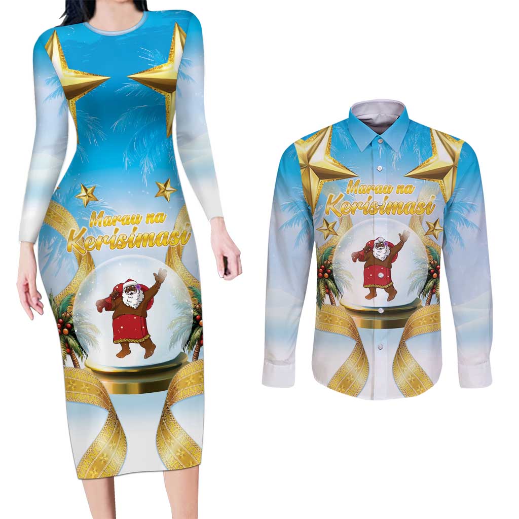 Fiji Christmas Couples Matching Long Sleeve Bodycon Dress and Long Sleeve Button Shirt Snow Globe With Fijian Santa LT05