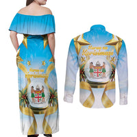 Fiji Christmas Couples Matching Off Shoulder Maxi Dress and Long Sleeve Button Shirt Snow Globe With Fijian Santa LT05