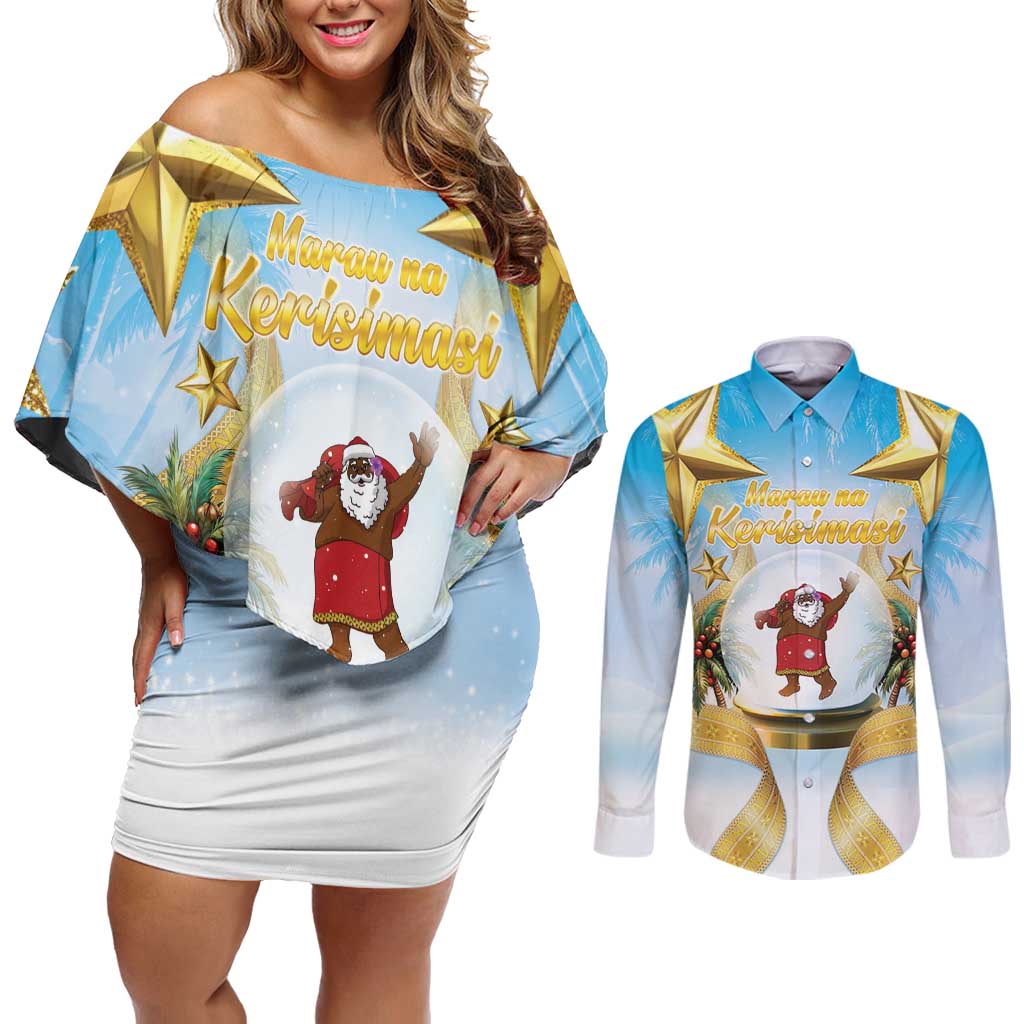 Fiji Christmas Couples Matching Off Shoulder Short Dress and Long Sleeve Button Shirt Snow Globe With Fijian Santa LT05