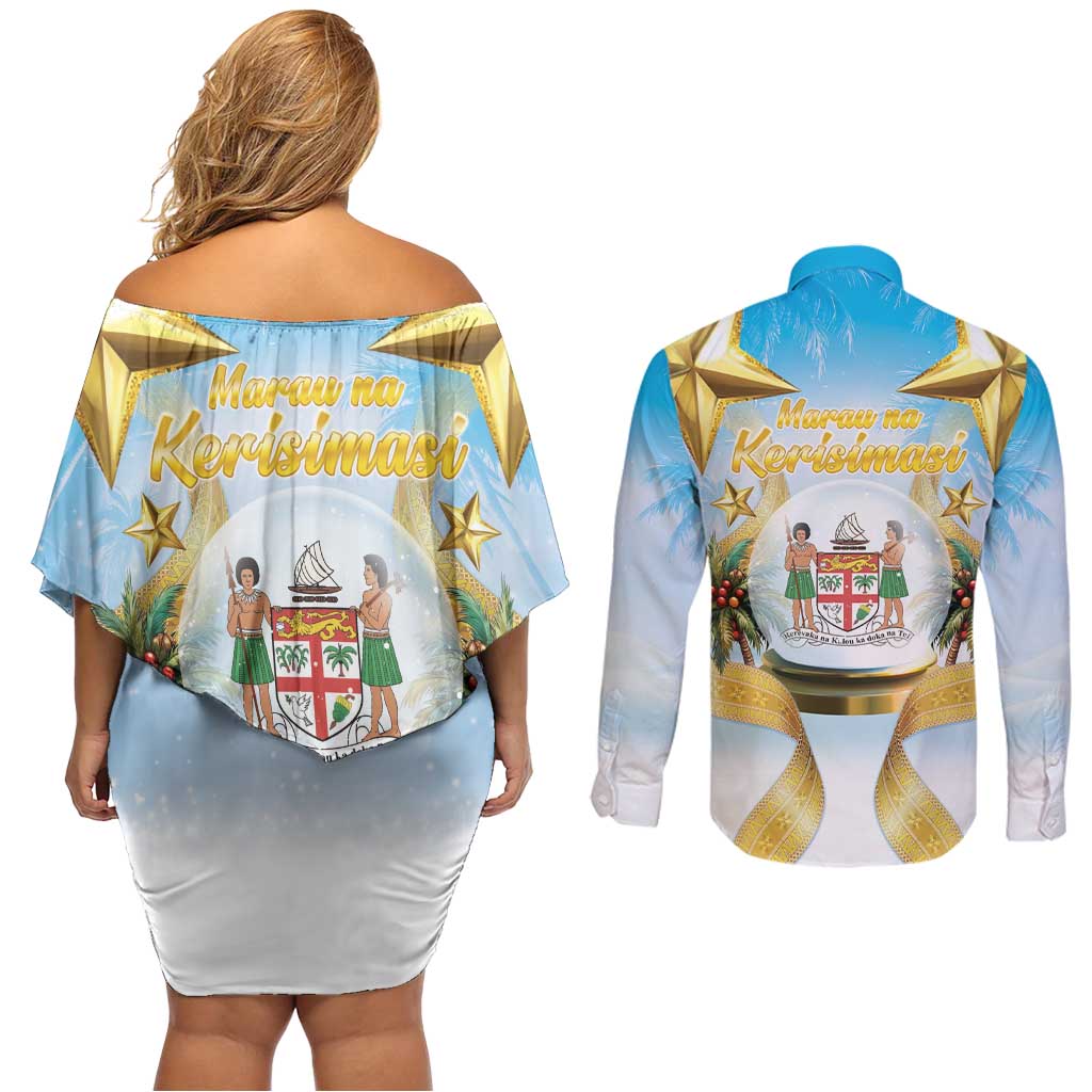 Fiji Christmas Couples Matching Off Shoulder Short Dress and Long Sleeve Button Shirt Snow Globe With Fijian Santa LT05