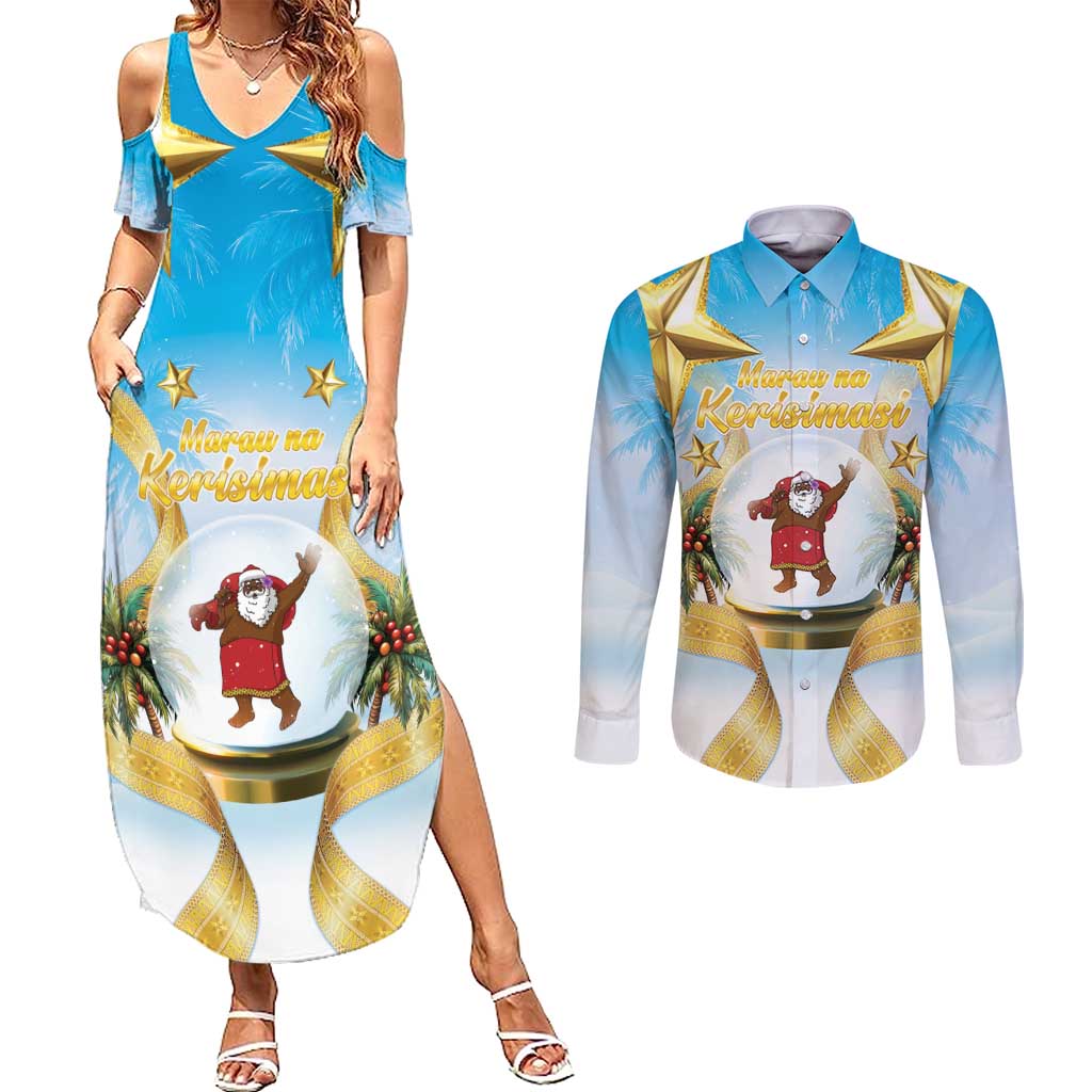 Fiji Christmas Couples Matching Summer Maxi Dress and Long Sleeve Button Shirt Snow Globe With Fijian Santa LT05