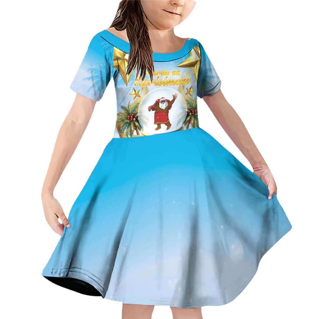 Fiji Christmas Family Matching Off Shoulder Short Dress and Hawaiian Shirt Snow Globe With Fijian Santa LT05 Daughter's Dress Blue - Polynesian Pride