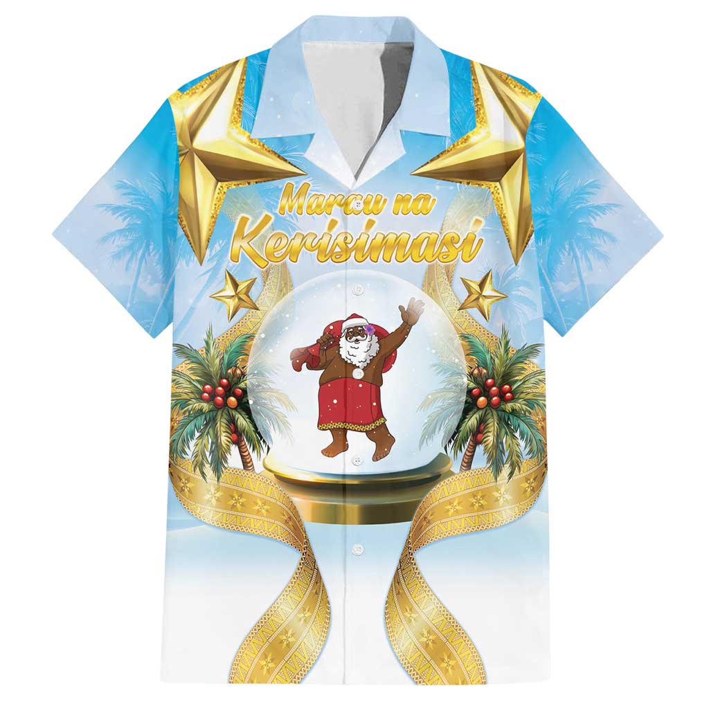 Fiji Christmas Family Matching Off Shoulder Short Dress and Hawaiian Shirt Snow Globe With Fijian Santa LT05 Dad's Shirt - Short Sleeve Blue - Polynesian Pride