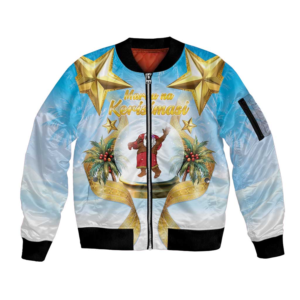 Fiji Christmas Sleeve Zip Bomber Jacket Snow Globe With Fijian Santa LT05