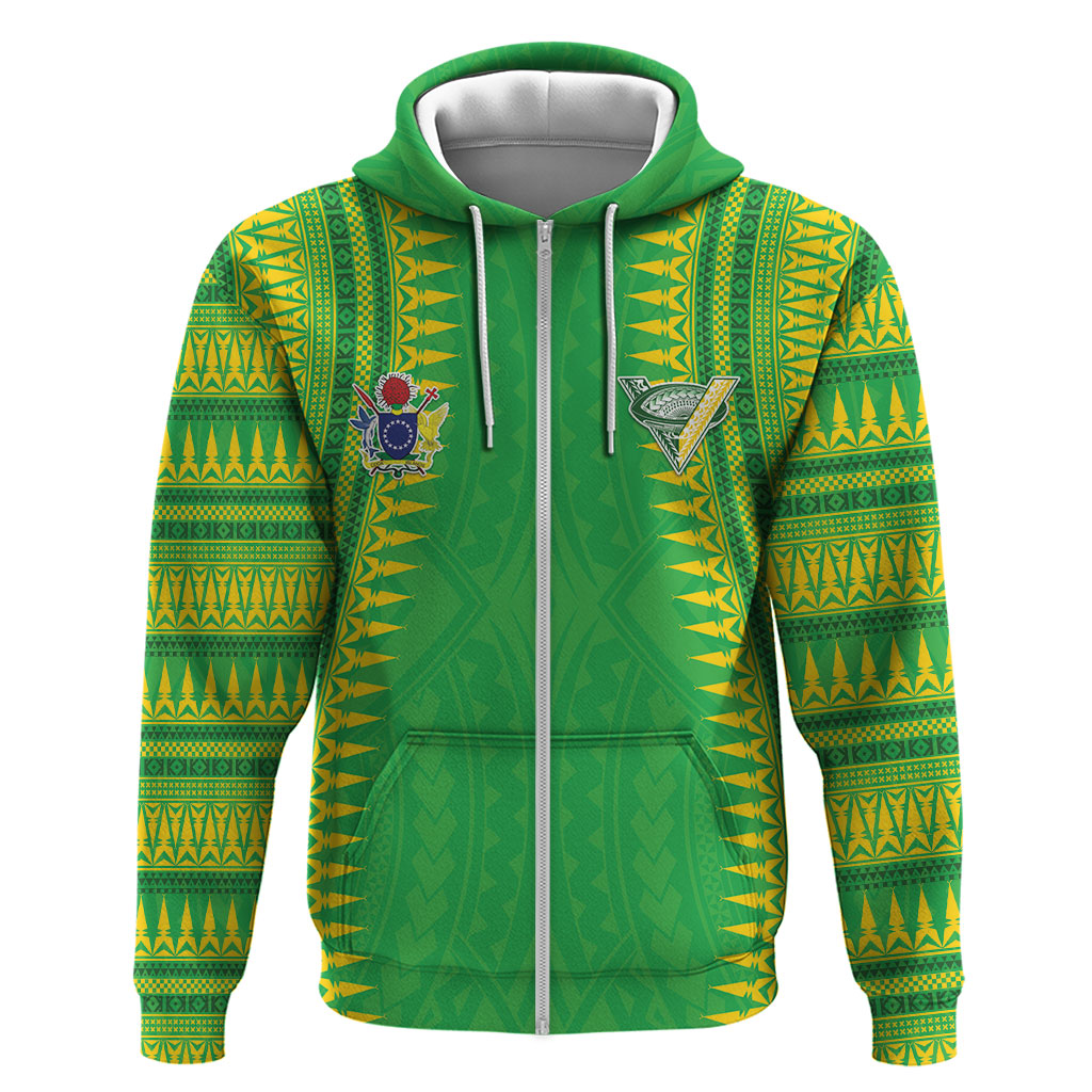 Cook Islands Rugby Custom Hoodie Kuki Tribal Pattern Green Version LT05 Zip Hoodie Green - Polynesian Pride