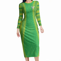 Cook Islands Rugby Custom Long Sleeve Bodycon Dress Kuki Tribal Pattern Green Version LT05 Long Dress Green - Polynesian Pride