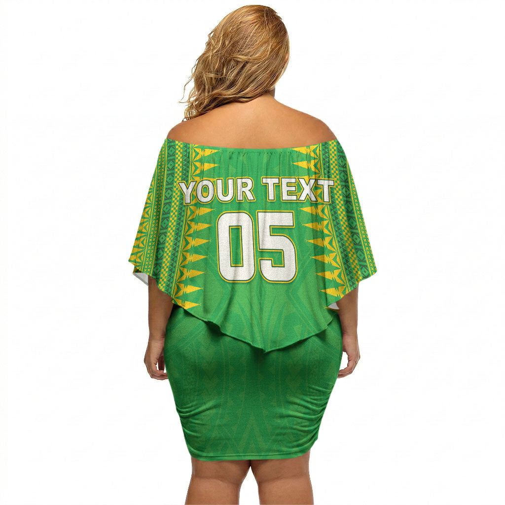 Cook Islands Rugby Custom Off Shoulder Short Dress Kuki Tribal Pattern Green Version LT05 - Polynesian Pride