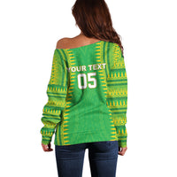 Cook Islands Rugby Custom Off Shoulder Sweater Kuki Tribal Pattern Green Version LT05 - Polynesian Pride