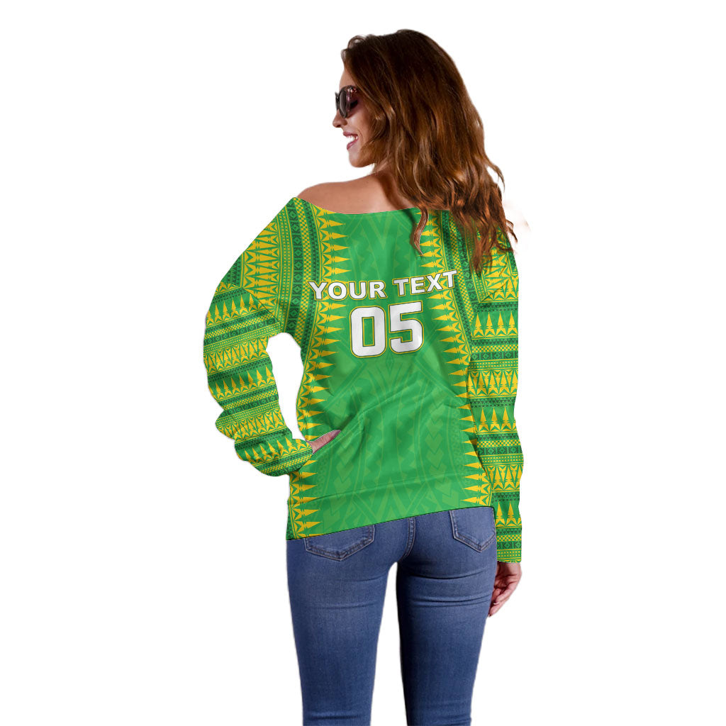 Cook Islands Rugby Custom Off Shoulder Sweater Kuki Tribal Pattern Green Version LT05 - Polynesian Pride