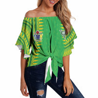 Cook Islands Rugby Custom Off Shoulder Wrap Waist Top Kuki Tribal Pattern Green Version LT05 Green - Polynesian Pride