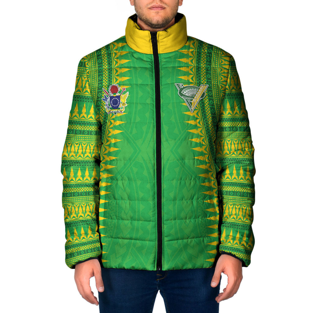Cook Islands Rugby Custom Padded Jacket Kuki Tribal Pattern Green Version LT05 Men Green - Polynesian Pride