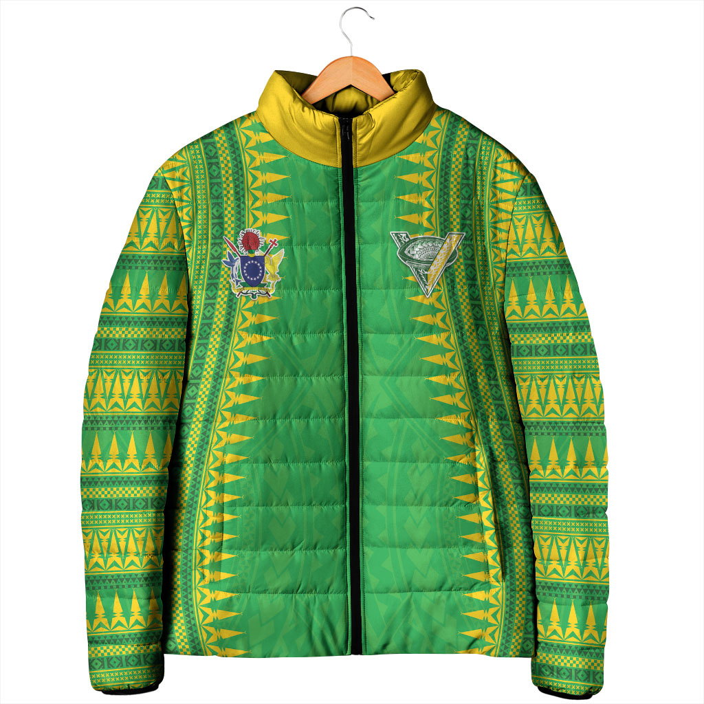 Cook Islands Rugby Custom Padded Jacket Kuki Tribal Pattern Green Version LT05 - Polynesian Pride