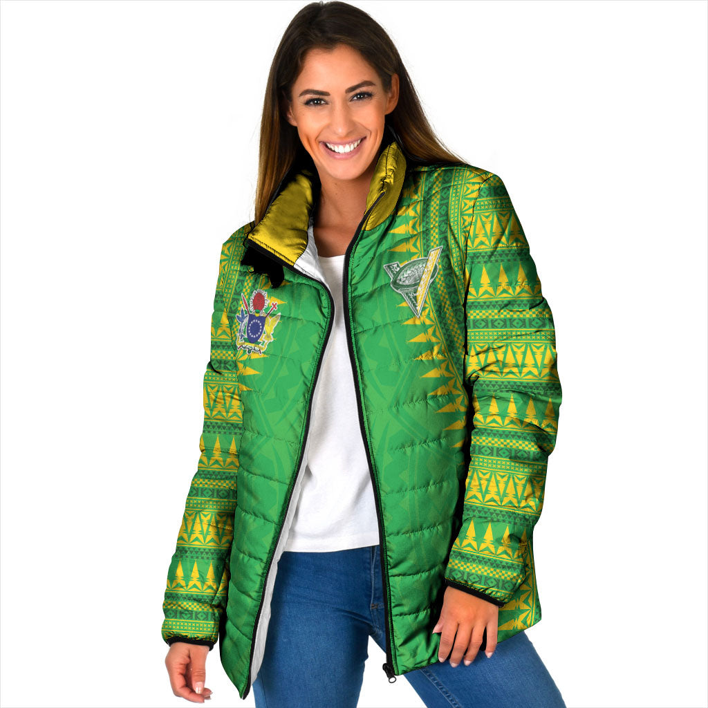 Cook Islands Rugby Custom Padded Jacket Kuki Tribal Pattern Green Version LT05 Women Green - Polynesian Pride