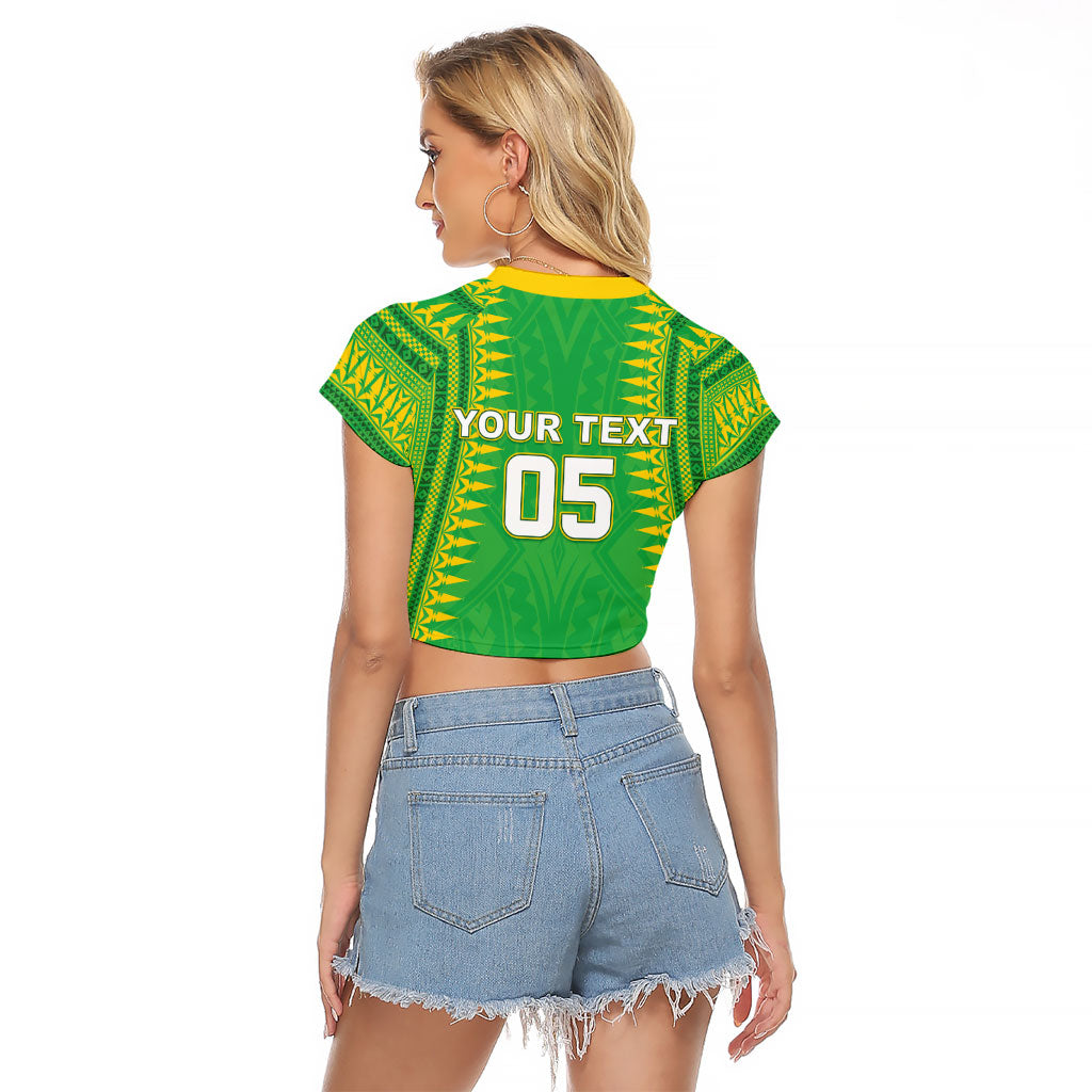 Cook Islands Rugby Custom Raglan Cropped T Shirt Kuki Tribal Pattern Green Version LT05 - Polynesian Pride