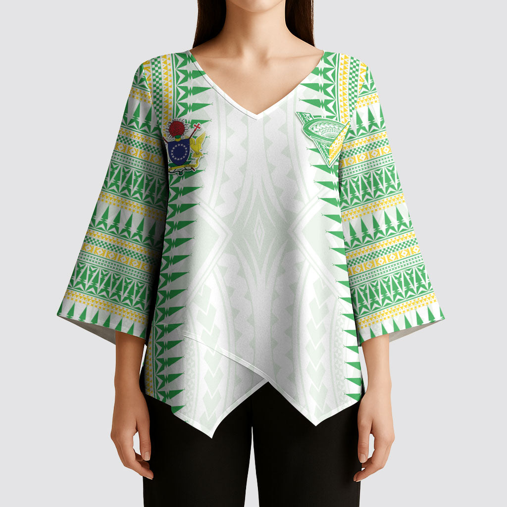 Cook Islands Rugby Custom Kimono Sleeve Blouse Kuki Tribal Pattern White Version LT05 - Polynesian Pride